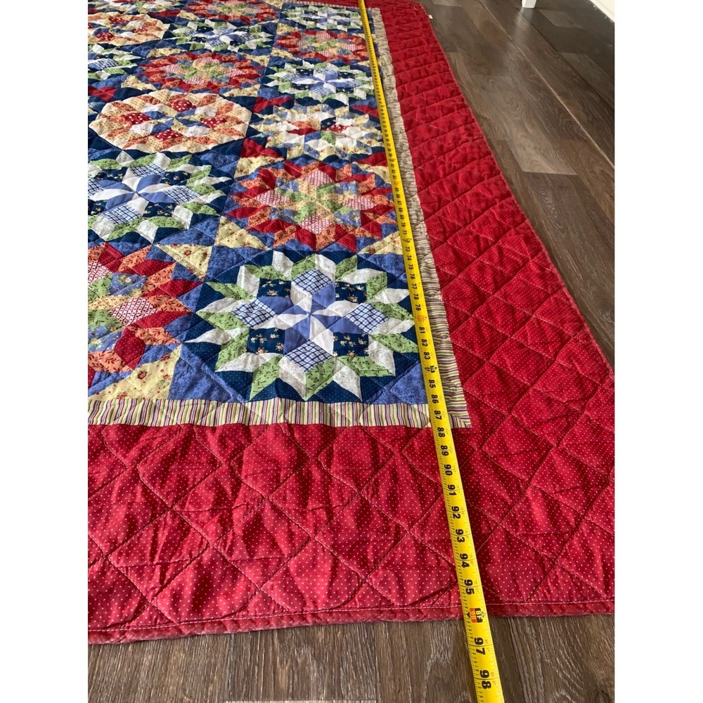 Vintage Walmart Star Patchwork Quilt Red Blue Green Floral Polka Dot Bedspread - Picture 6 of 12